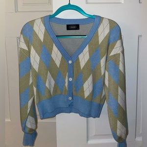 Cider Argyle Vintage Cropped Cardigan Green and Blue Patterned Top